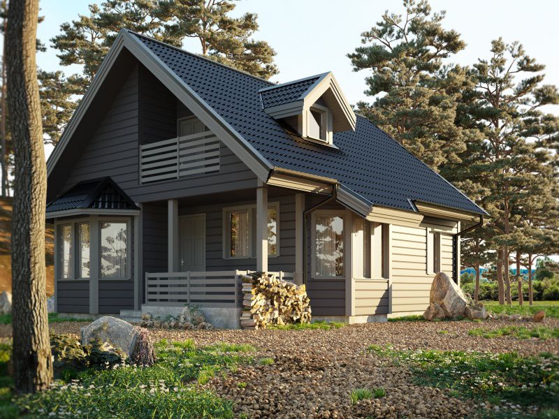 Каркасный дом для постоянного проживания с эркером и кукушкой на двускатной крыше